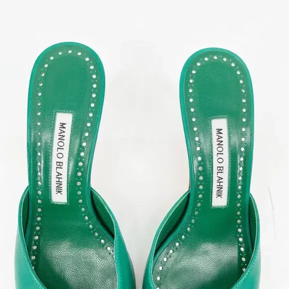 Manolo Blahnik Green Leather Pertinanu Bow Detail Kitten Heel Mules IT 37 - Picture 7 of 10